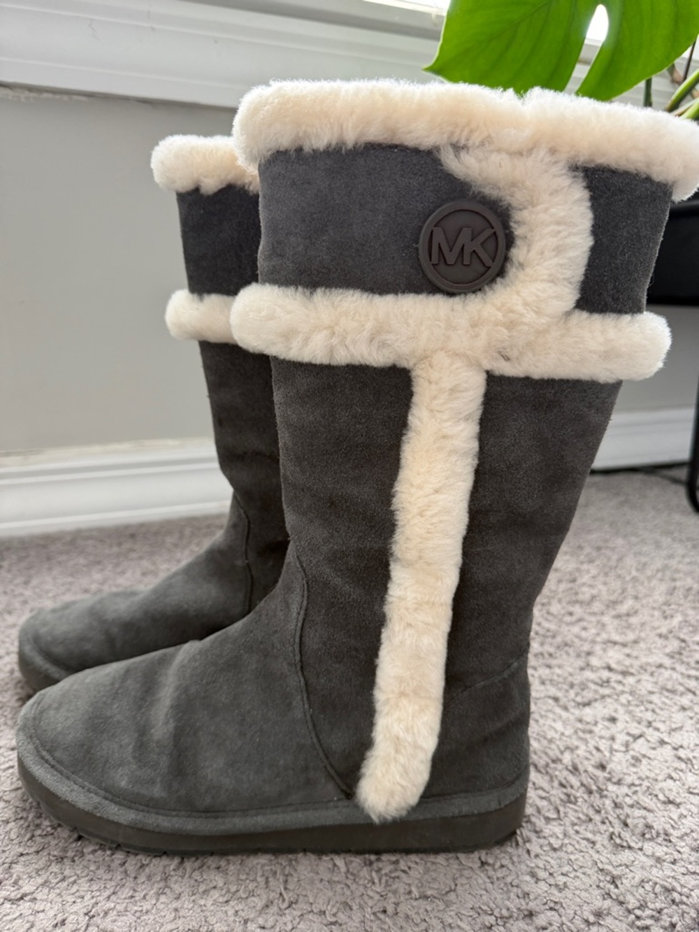 Michael Kors Charcoal Gray Suede Shearling Logo Boots